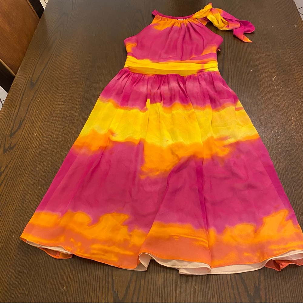 VTG Y2K Silk Sunset Color High Neck Fit & Flare Dress Size 0
